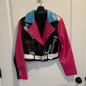 Studded Pink and Black Women's Biker Jacket size Small EUC!!! Faux leather